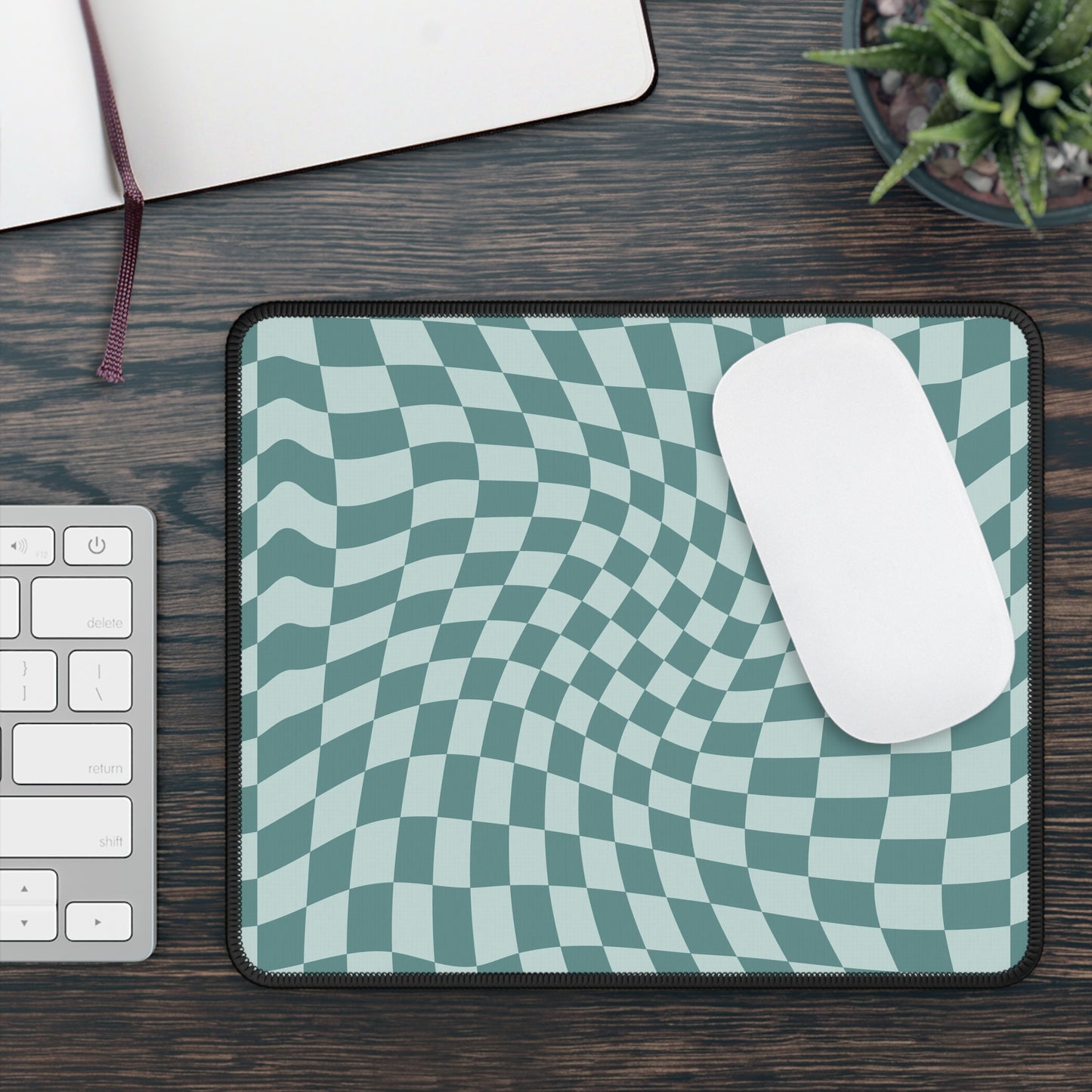Trendy Wavy Teal Blue Checkerboard Non Slip Gaming Mouse Pad