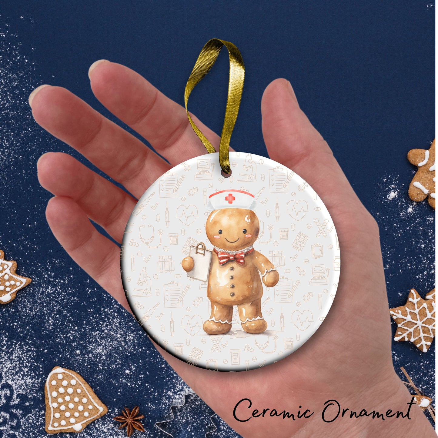 Watercolor Gingerbread Nurse Ceramic Christmas Ornament 72-02