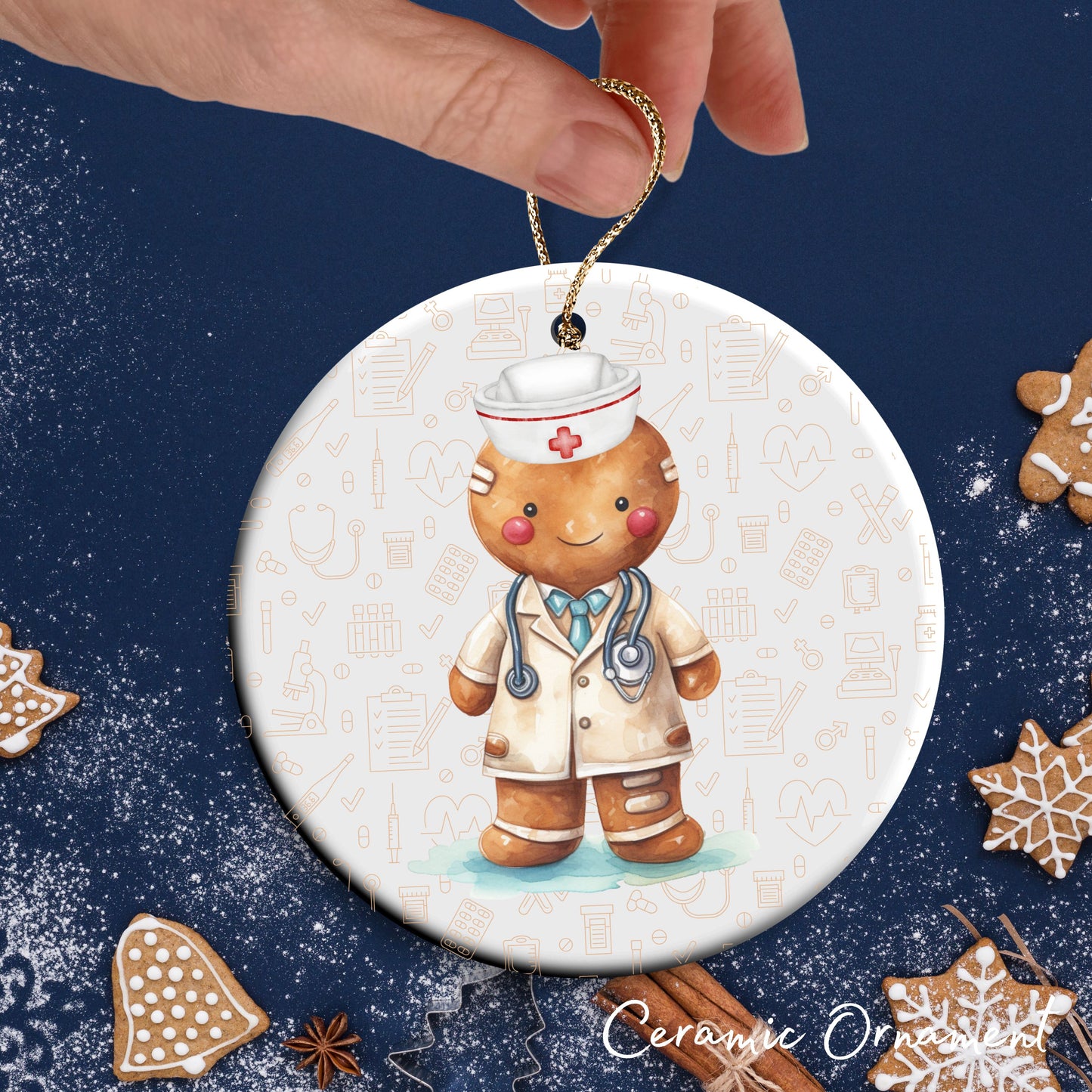 Watercolor Gingerbread Nurse Ceramic Christmas Ornament 72-03