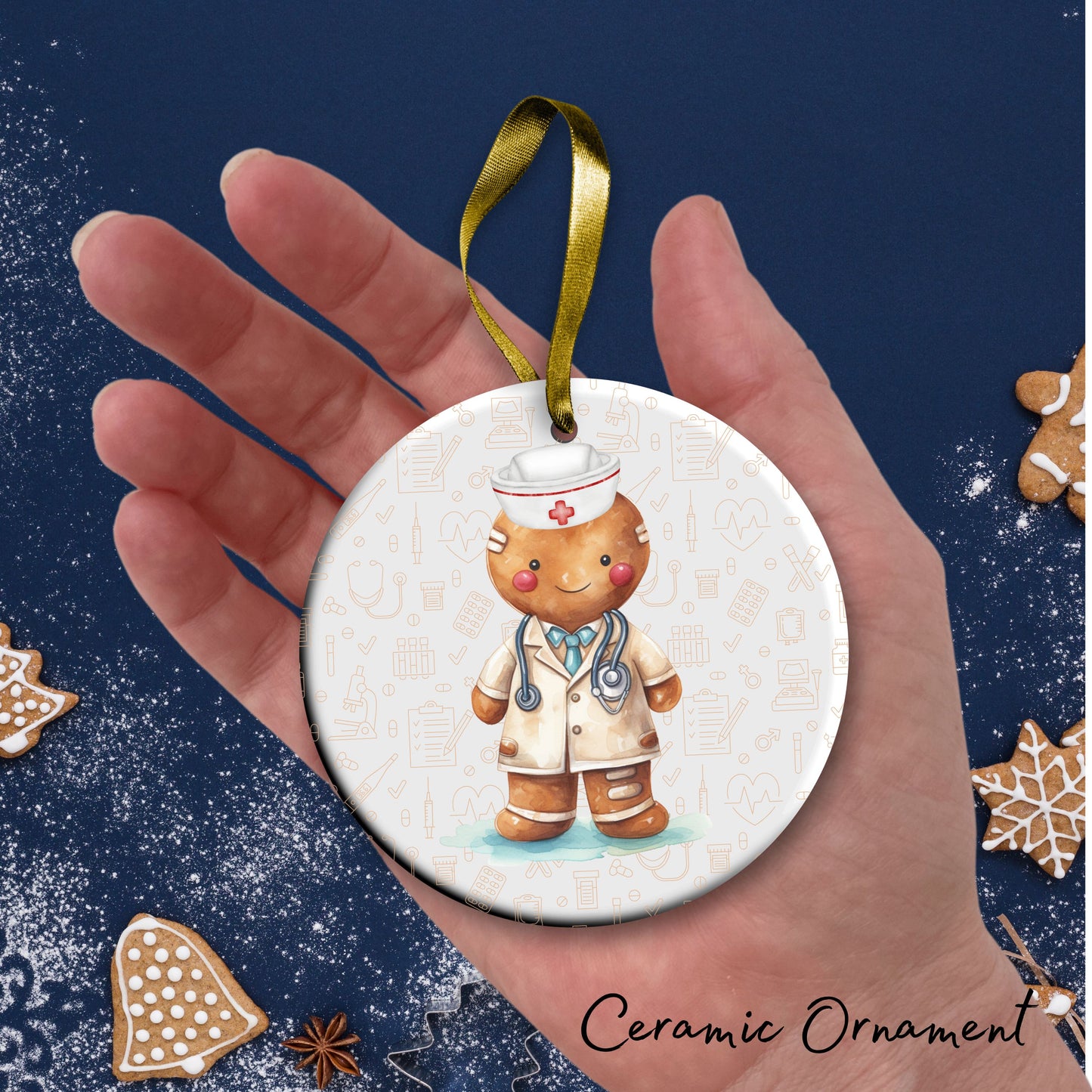 Watercolor Gingerbread Nurse Ceramic Christmas Ornament 72-03
