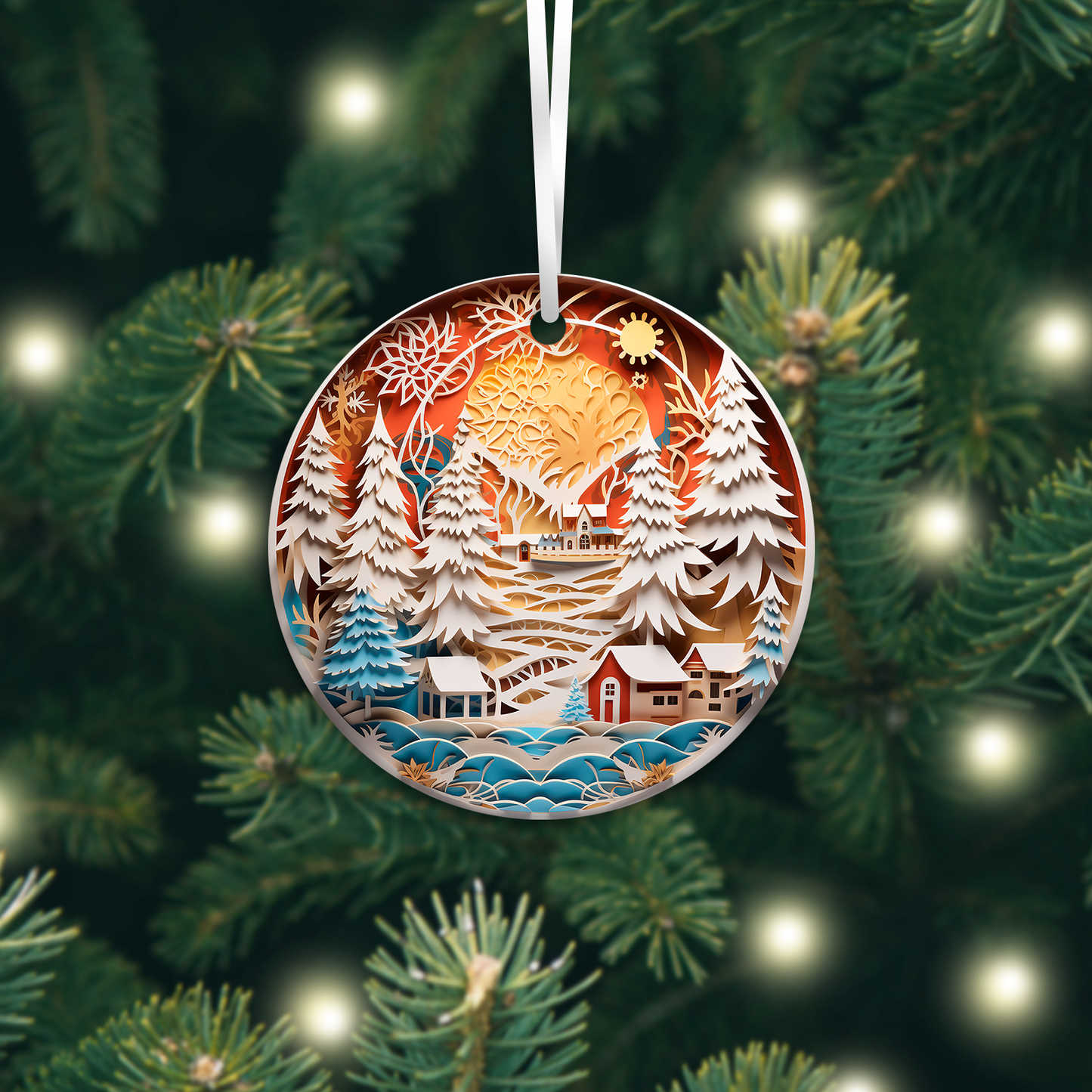 Blue Sunset Winter 3D Christmas Ceramic Ornament 07-19