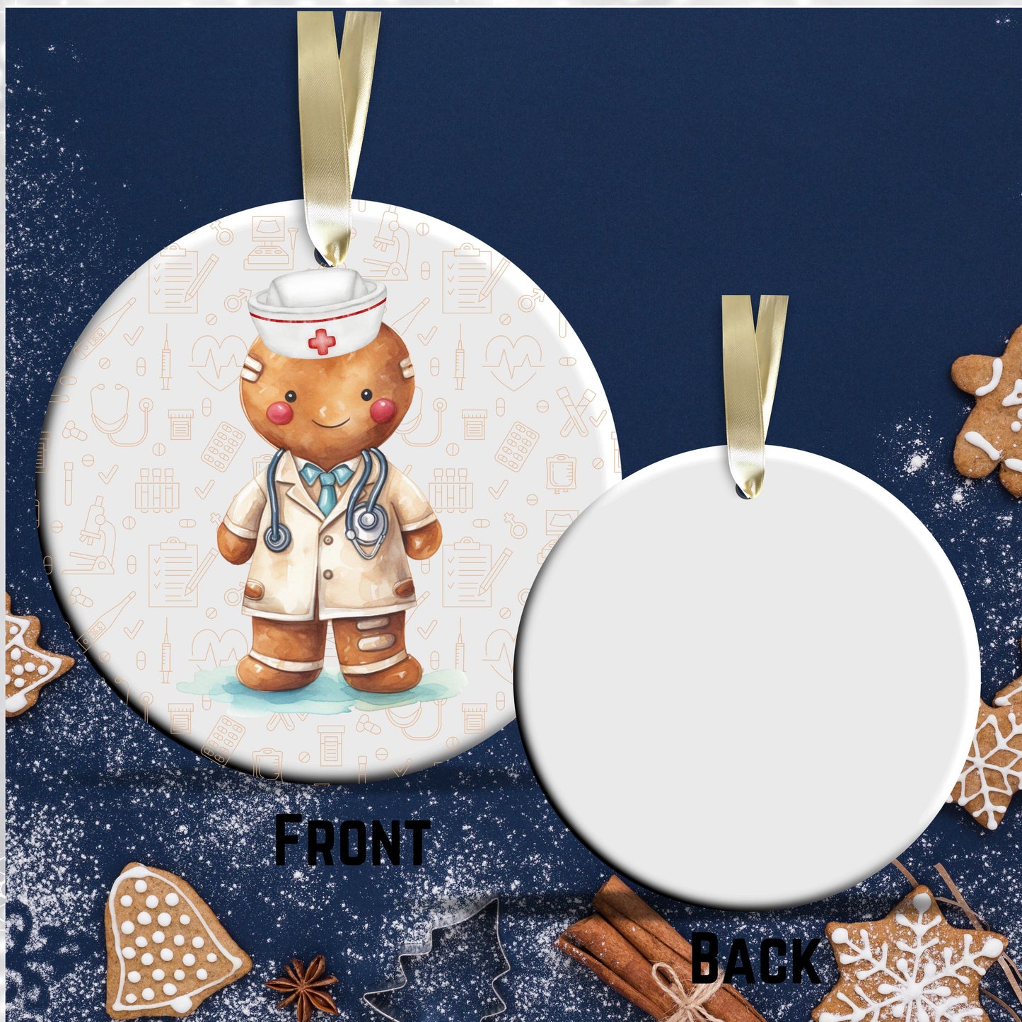 Watercolor Gingerbread Nurse Ceramic Christmas Ornament 72-03
