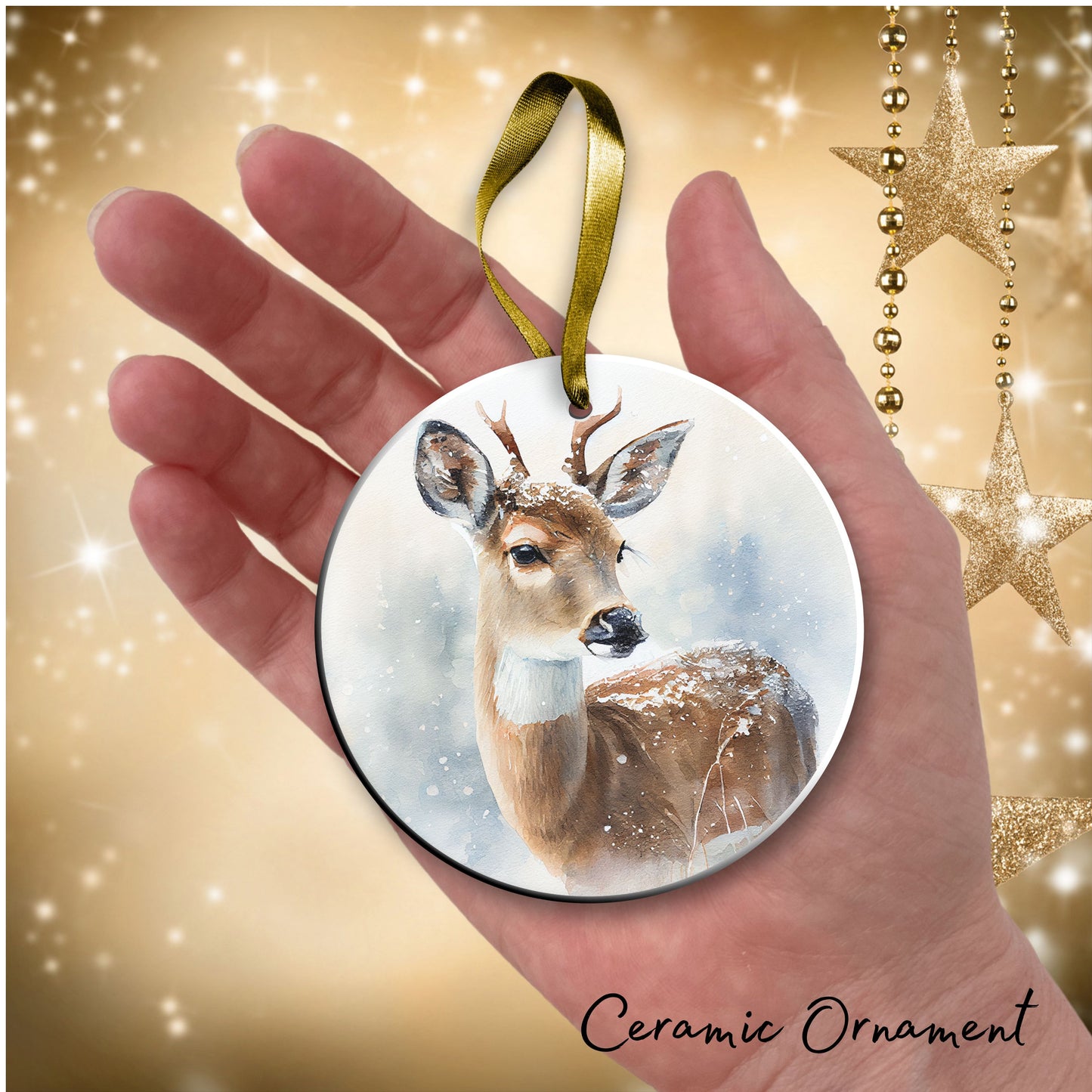 Deer in Winter Forest Ceramic Ornament 38-06