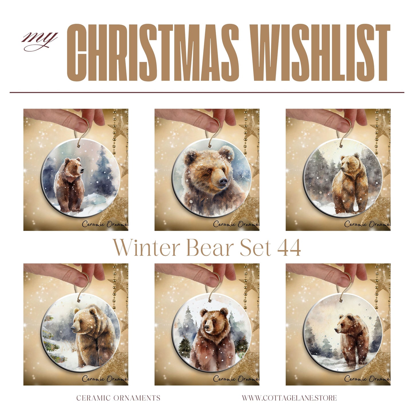 Winter Bear Ceramic Ornament Bunde of 6