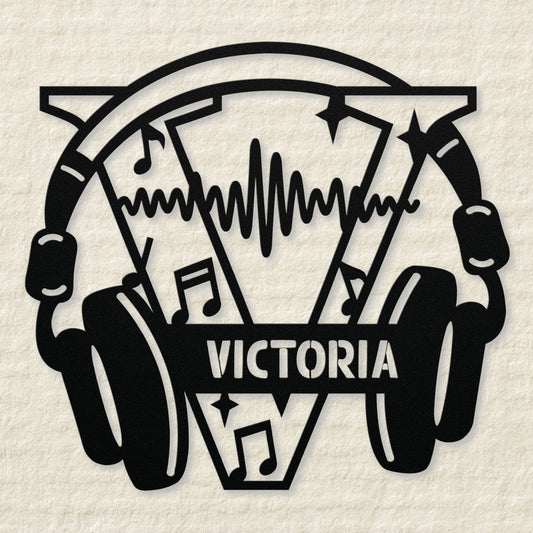 Personalized Headphones Monogram Letter V - Metal Sign