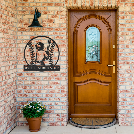 Baseball_Player_Metal_Sign_Black_Brick_Entrance_Mockup.png