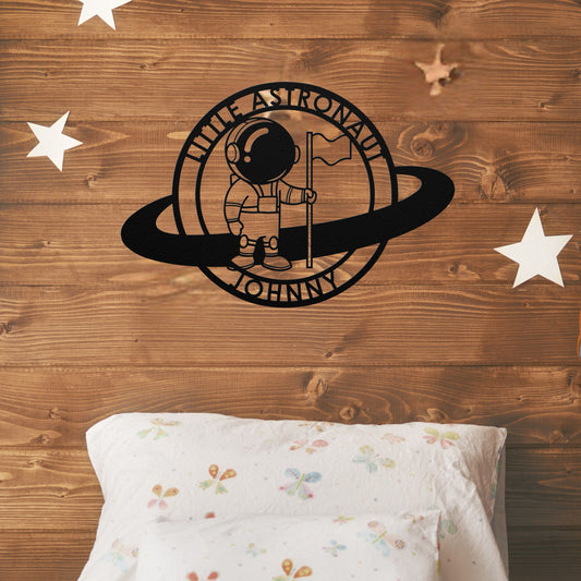 Little Astronaut with Flag Metal Sign
