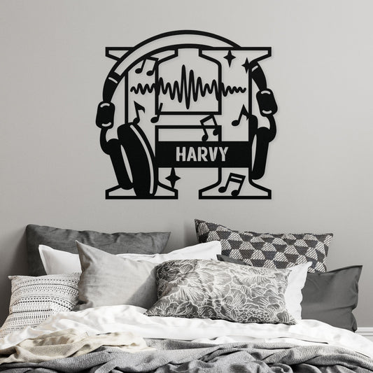 Personalized Headphones Monogram Letter H - Metal Sign