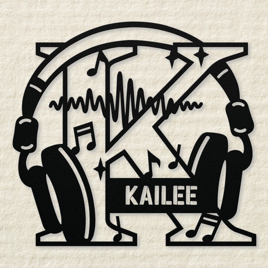 Personalized Headphones Monogram Letter K - Metal Sign