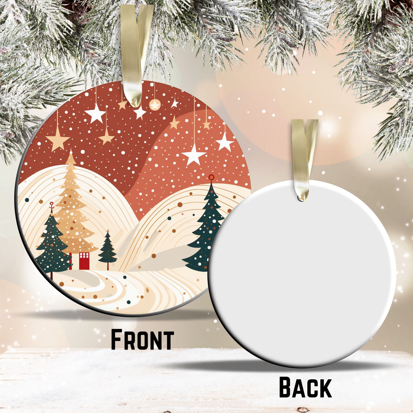 Nordic Watercolor Christmas Ceramic Ornament 43-13 Winter Scene