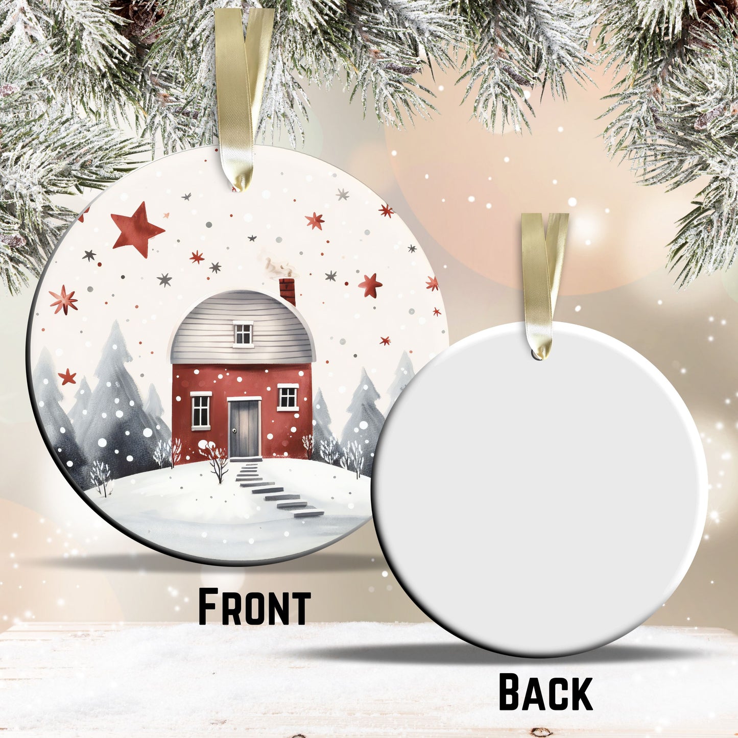 Nordic Watercolor Christmas Ceramic Ornament 43-06 Winter Scene