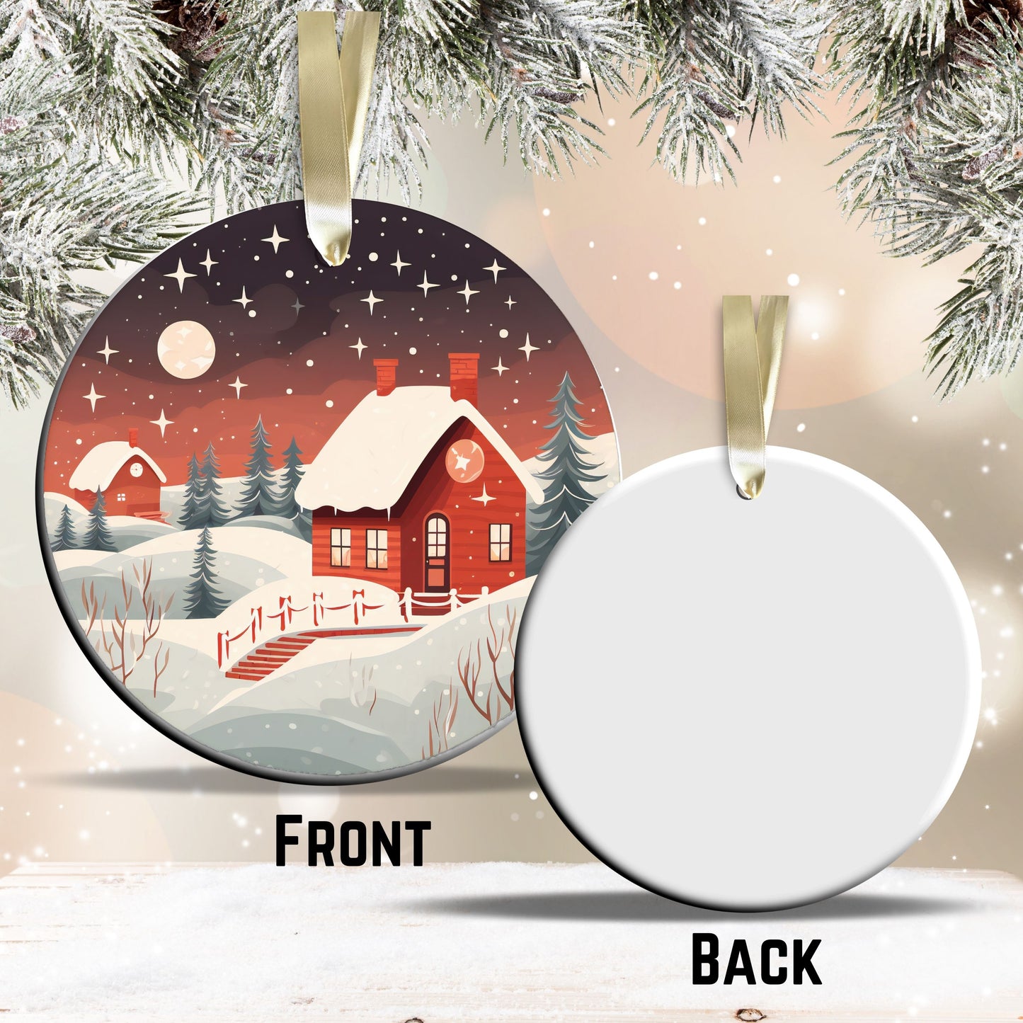 Nordic Watercolor Christmas Ceramic Ornament 43-08 Winter Scene