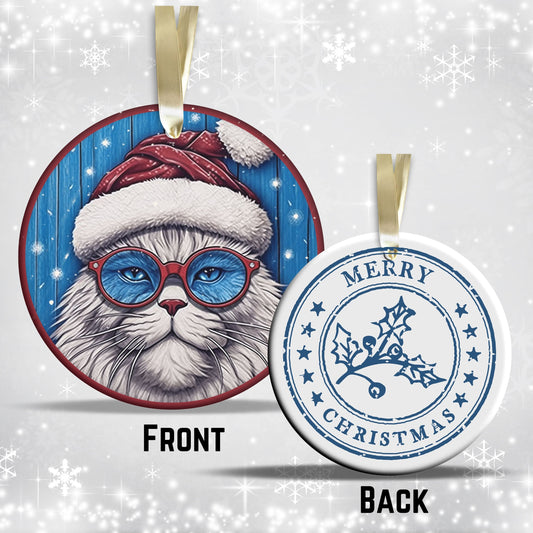 Blue Cat Christmas Ceramic Ornament