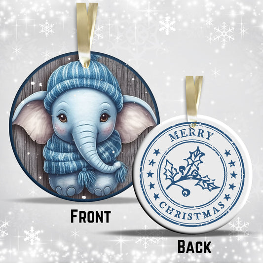 Blue Elephant Christmas Ceramic Ornament