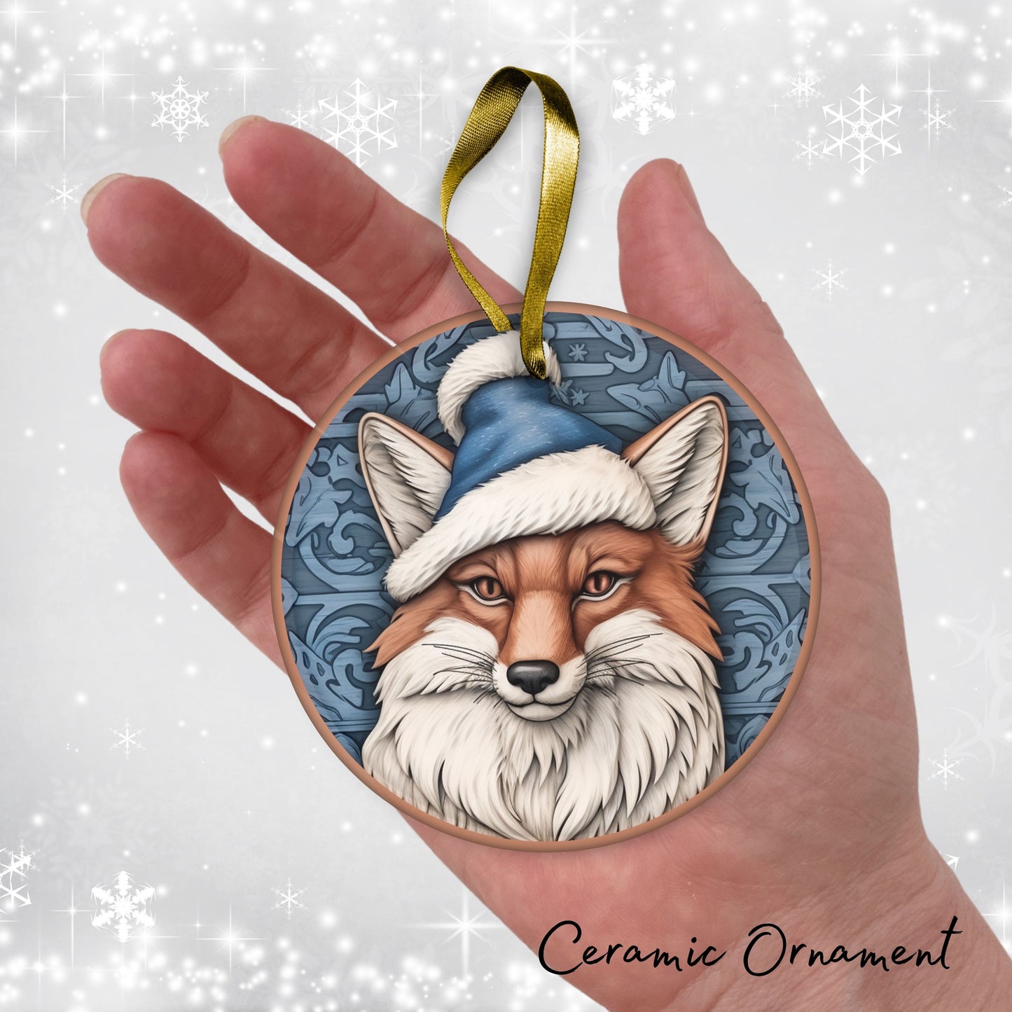 Blue Fox Christmas Ceramic Ornament