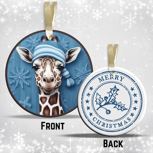Blue Giraffe Christmas Ceramic Ornament