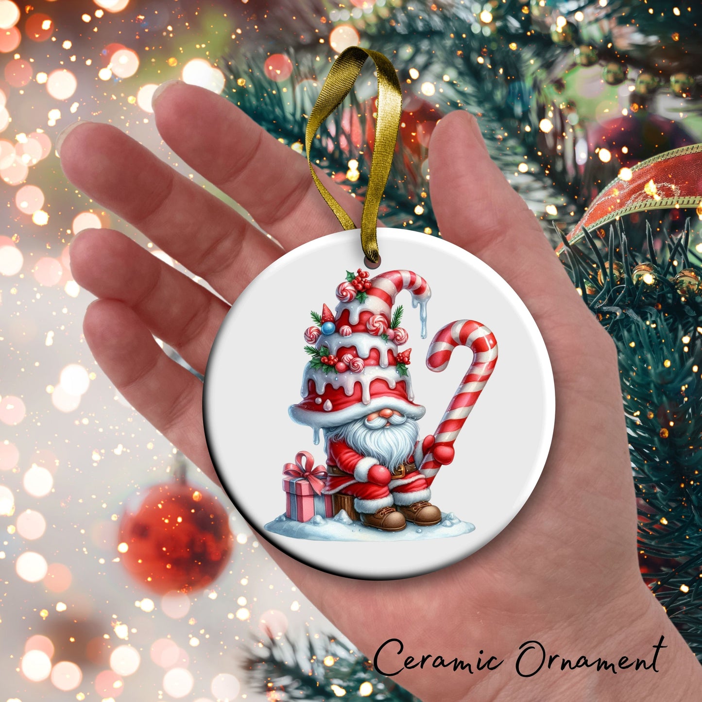 Candy Cane Icing Gnome Ceramic Ornament 50-01