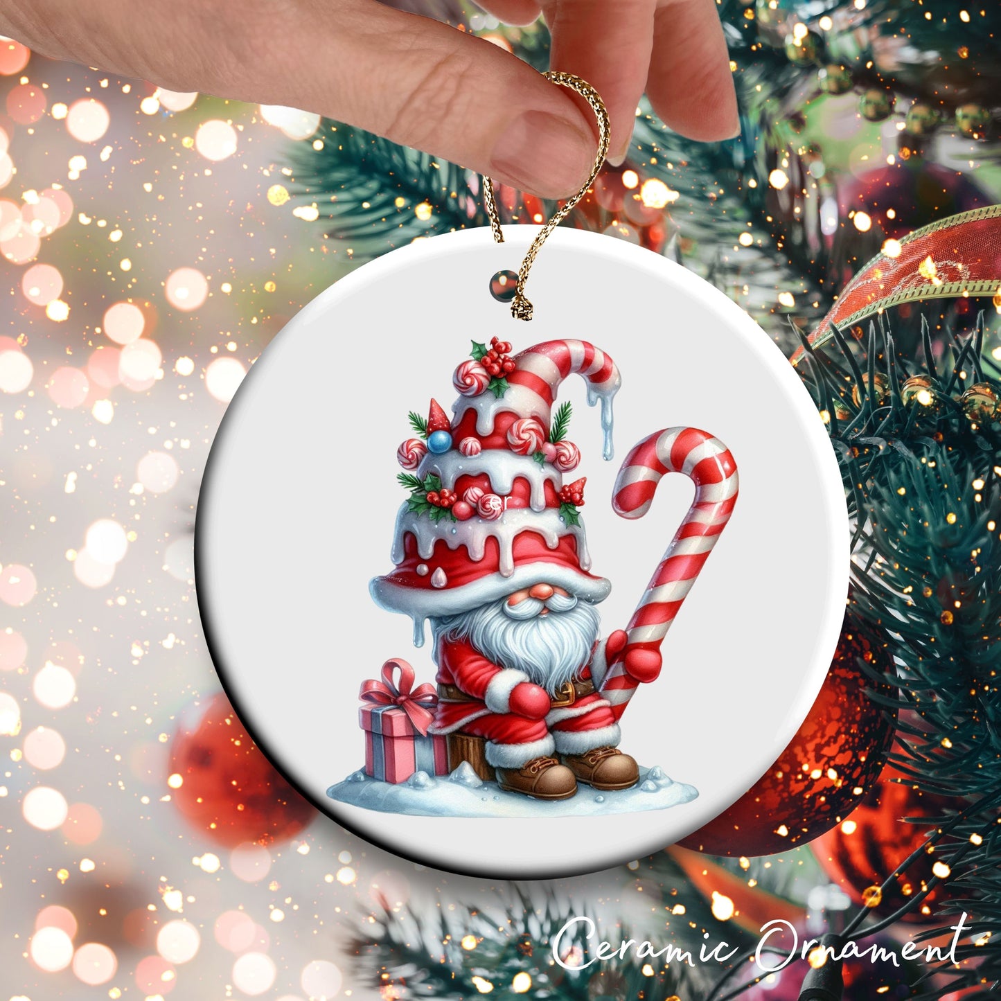 Candy Cane Icing Gnome Ceramic Ornament 50-01