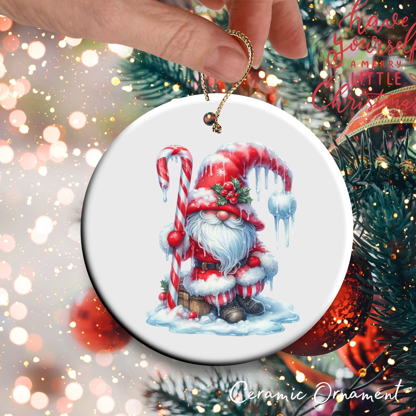 Candy Cane Icing Gnome Ceramic Ornament 50-02