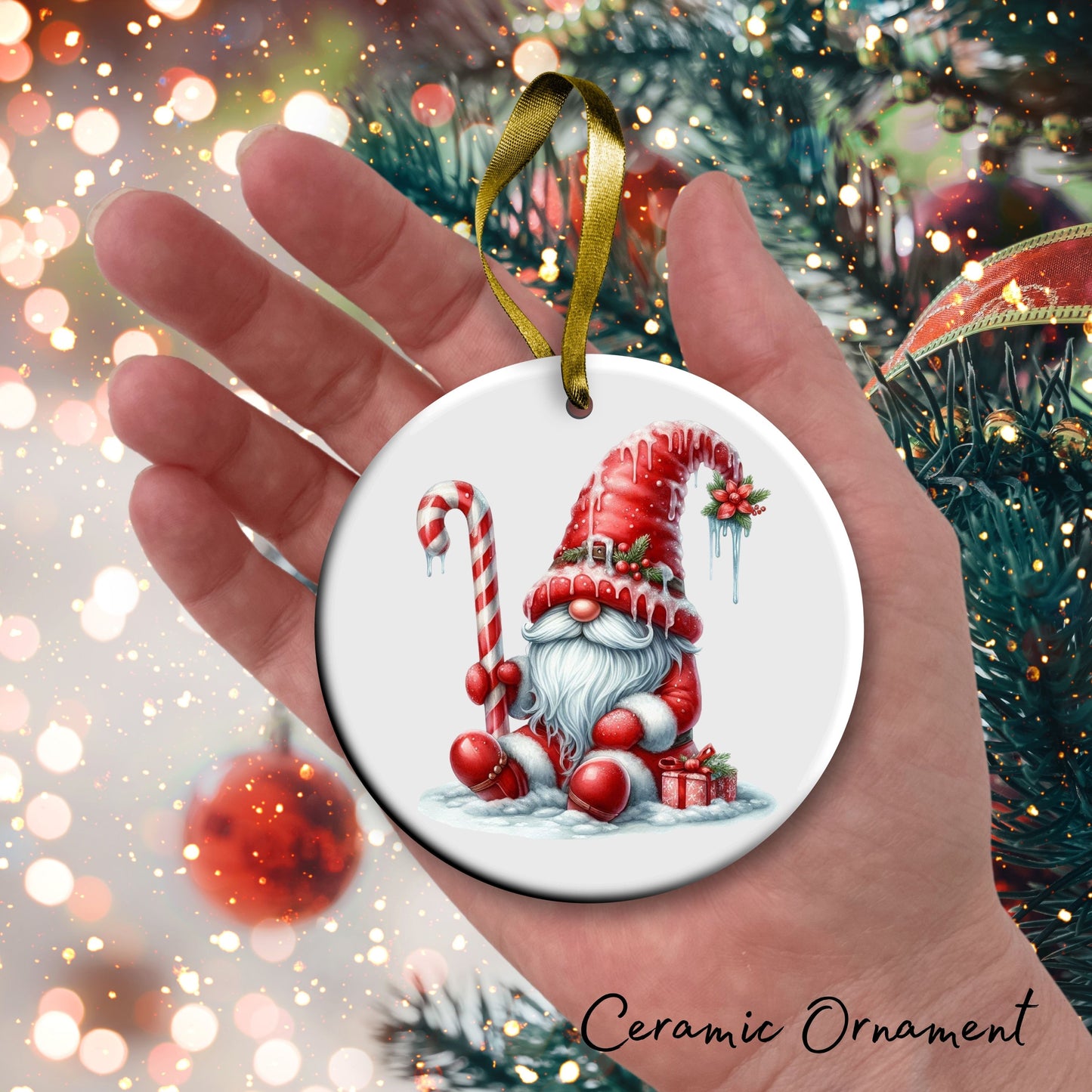 Candy Cane Icing Gnome Ceramic Ornament 50-04