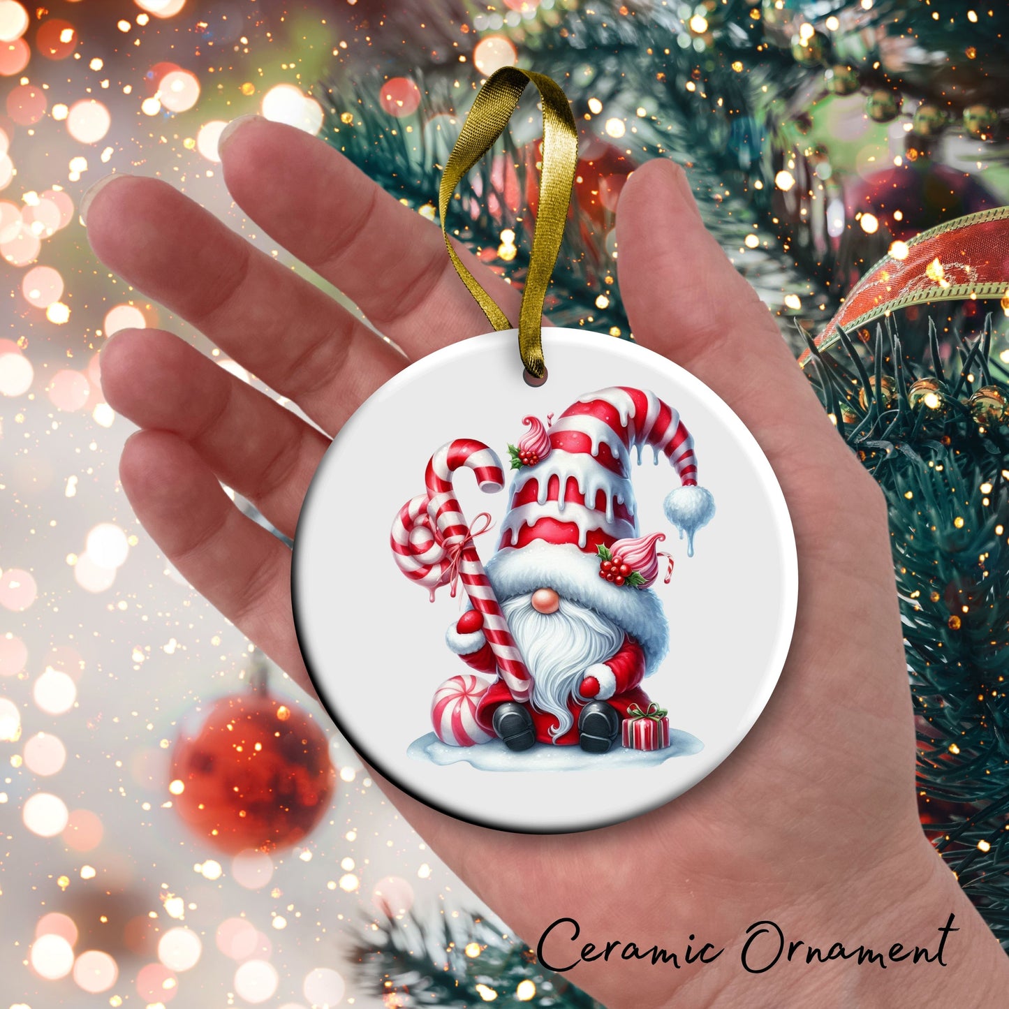 Candy Cane Icing Gnome Ceramic Ornament 50-06
