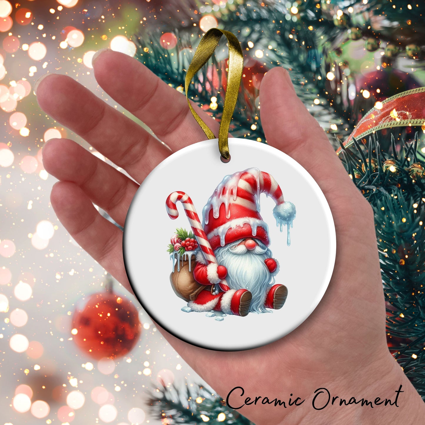 Candy Cane Icing Gnome Ceramic Ornament 50-07