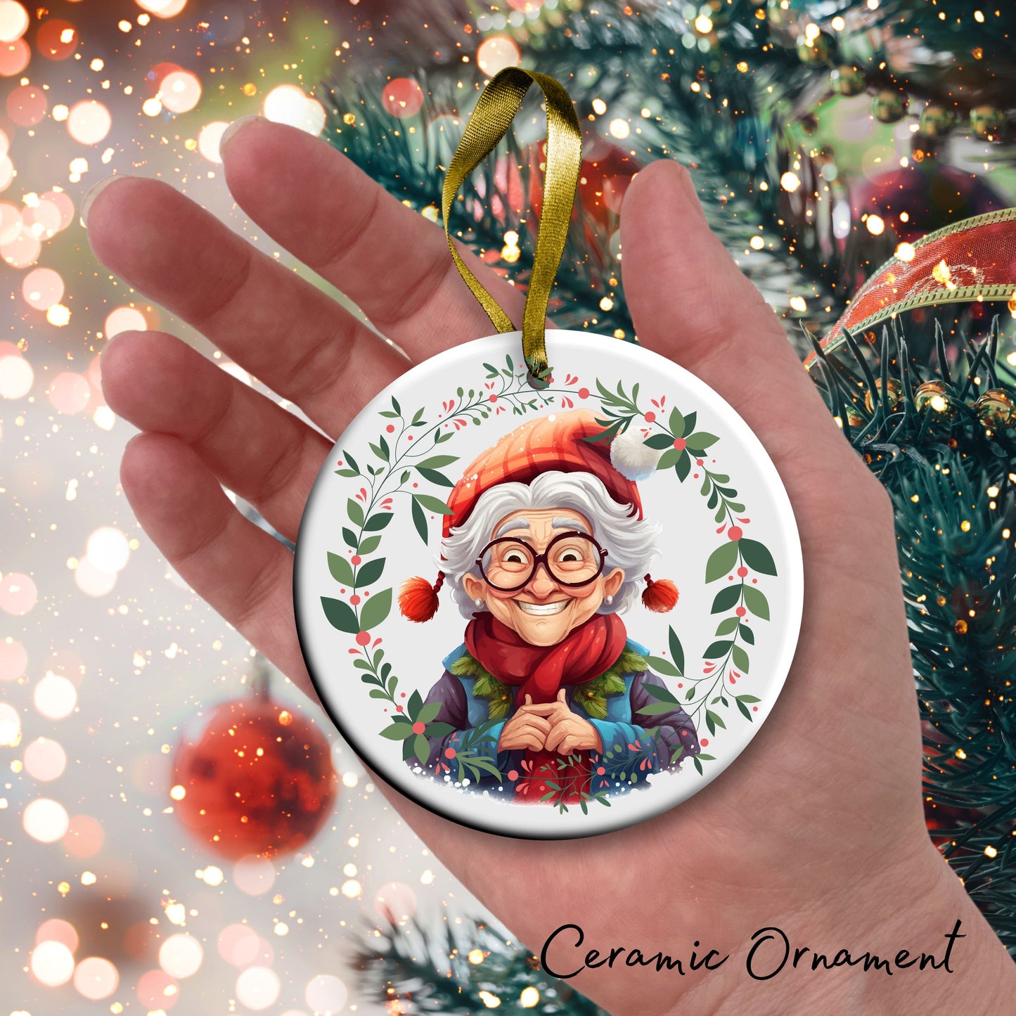 Funny Old Lady Christmas Ceramic Ornament 51-01