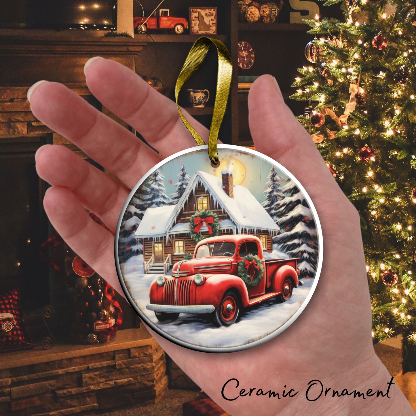 Vintage Farm Red Truck Christmas Ceramic Ornament 01-01