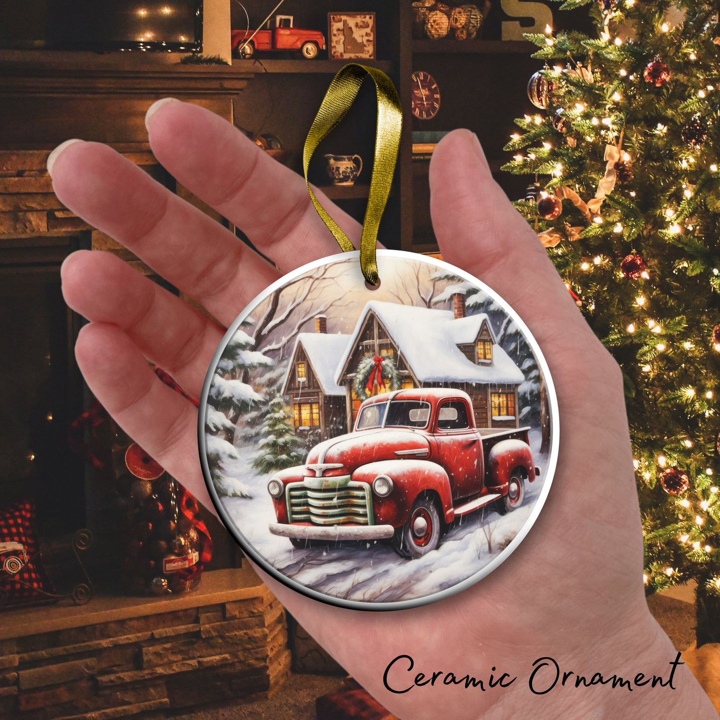 Vintage Farm Red Truck Christmas Ceramic Ornament 01-03