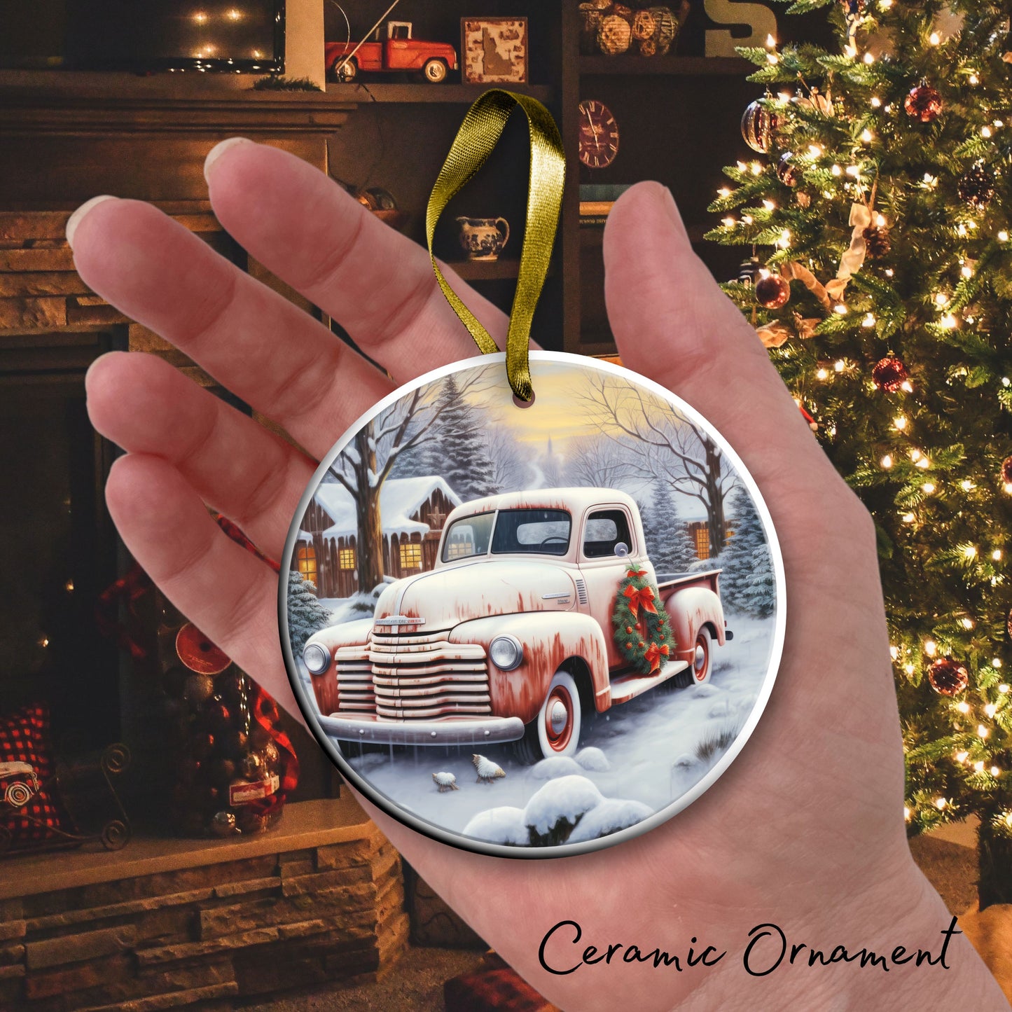 Vintage Farm Red Truck Christmas Ceramic Ornament 01-04