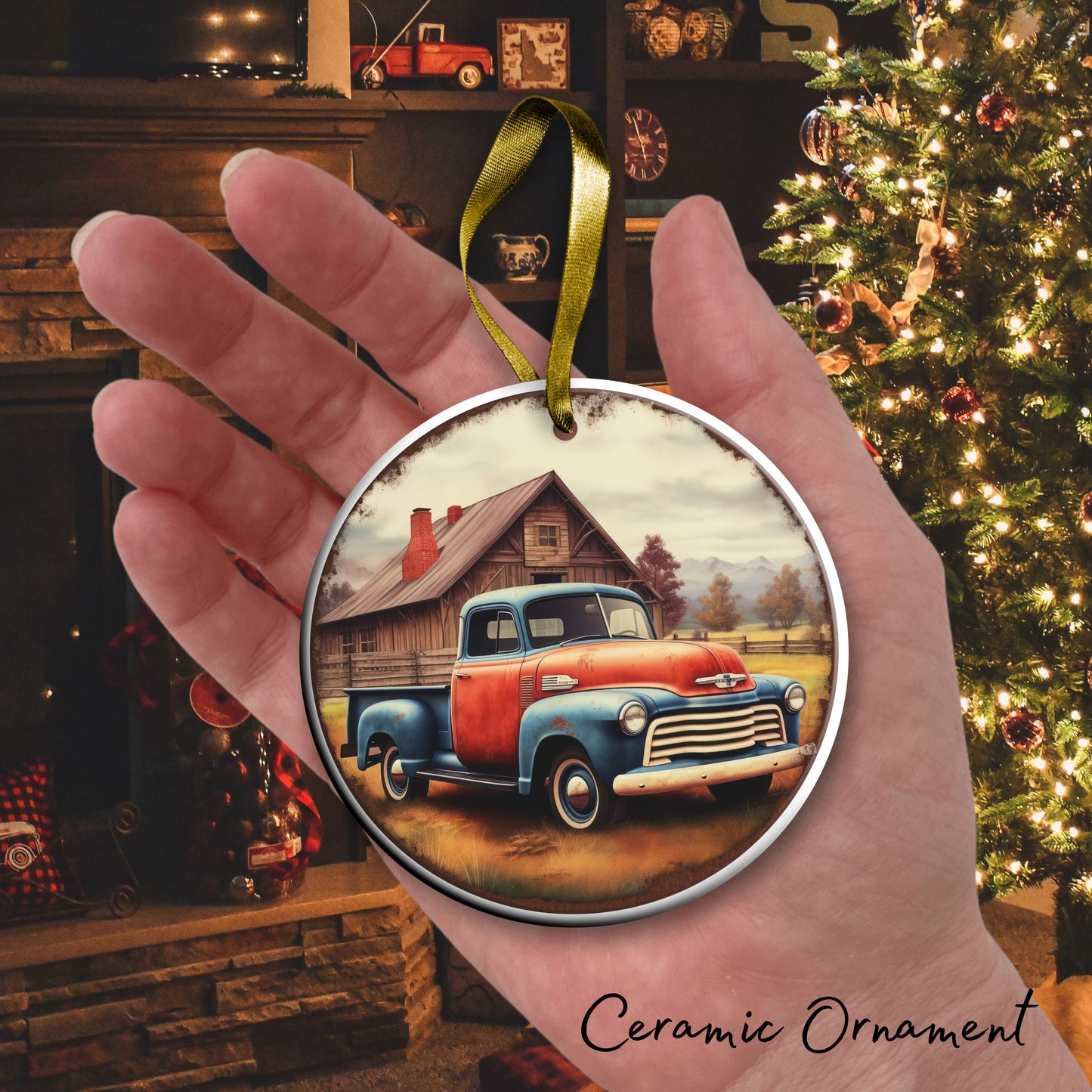 Vintage Farm Red Truck Christmas Ceramic Ornament 01-05