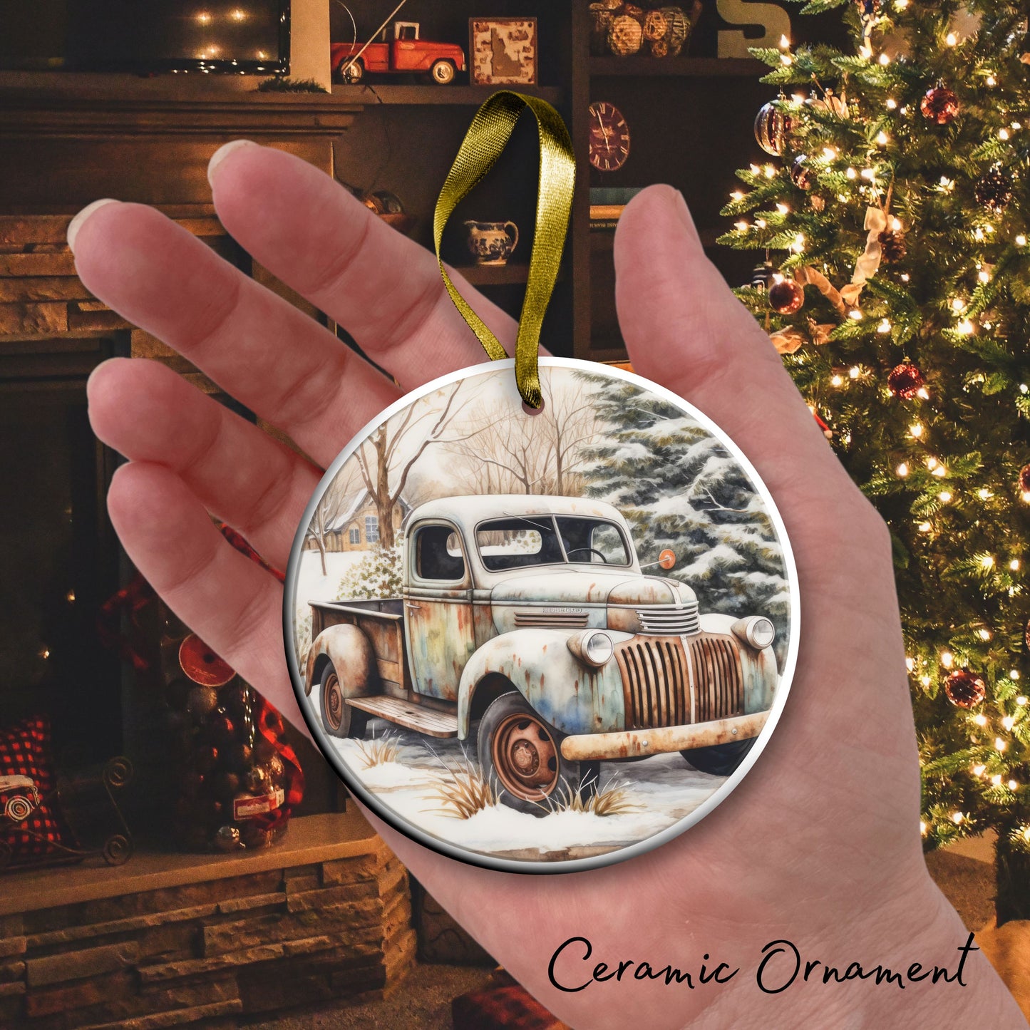Vintage Farm Red Truck Christmas Ceramic Ornament 01-07