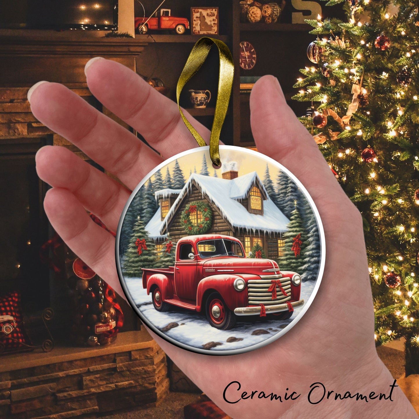 Vintage Farm Red Truck Christmas Ceramic Ornament 01-08