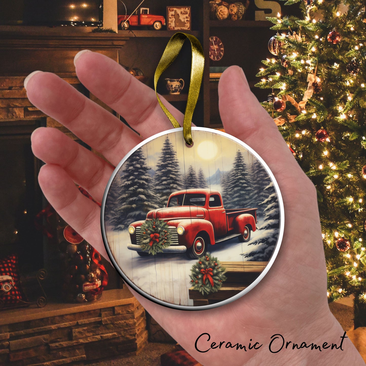 Vintage Farm Red Truck Christmas Ceramic Ornament 01-09