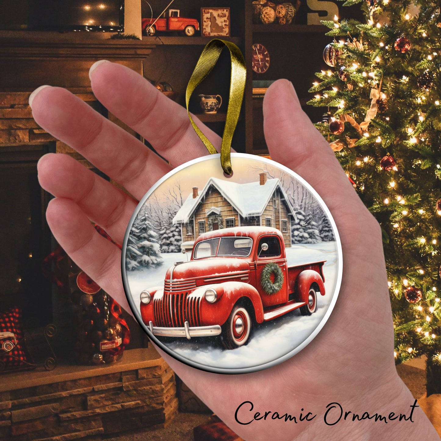Vintage Farm Red Truck Christmas Ceramic Ornament 01-10