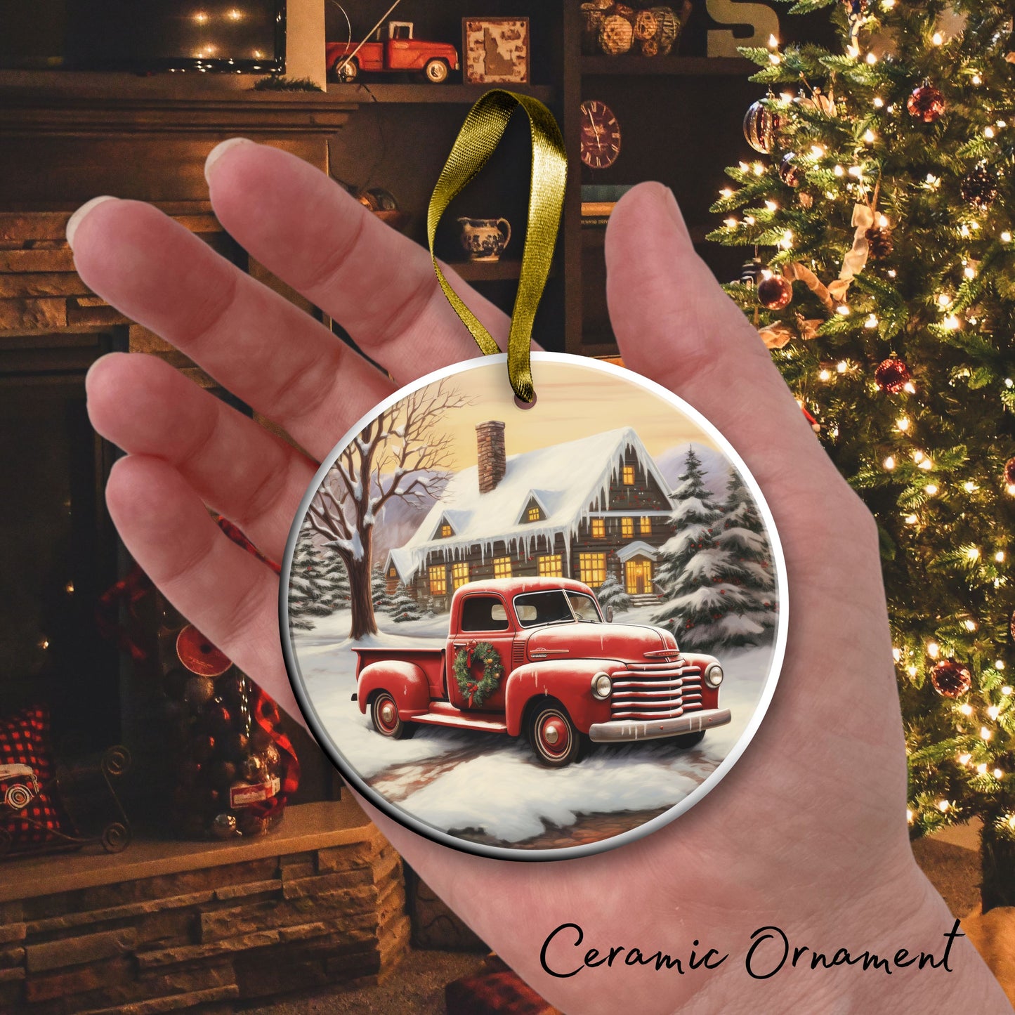 Vintage Farm Red Truck Christmas Ceramic Ornament 01-12