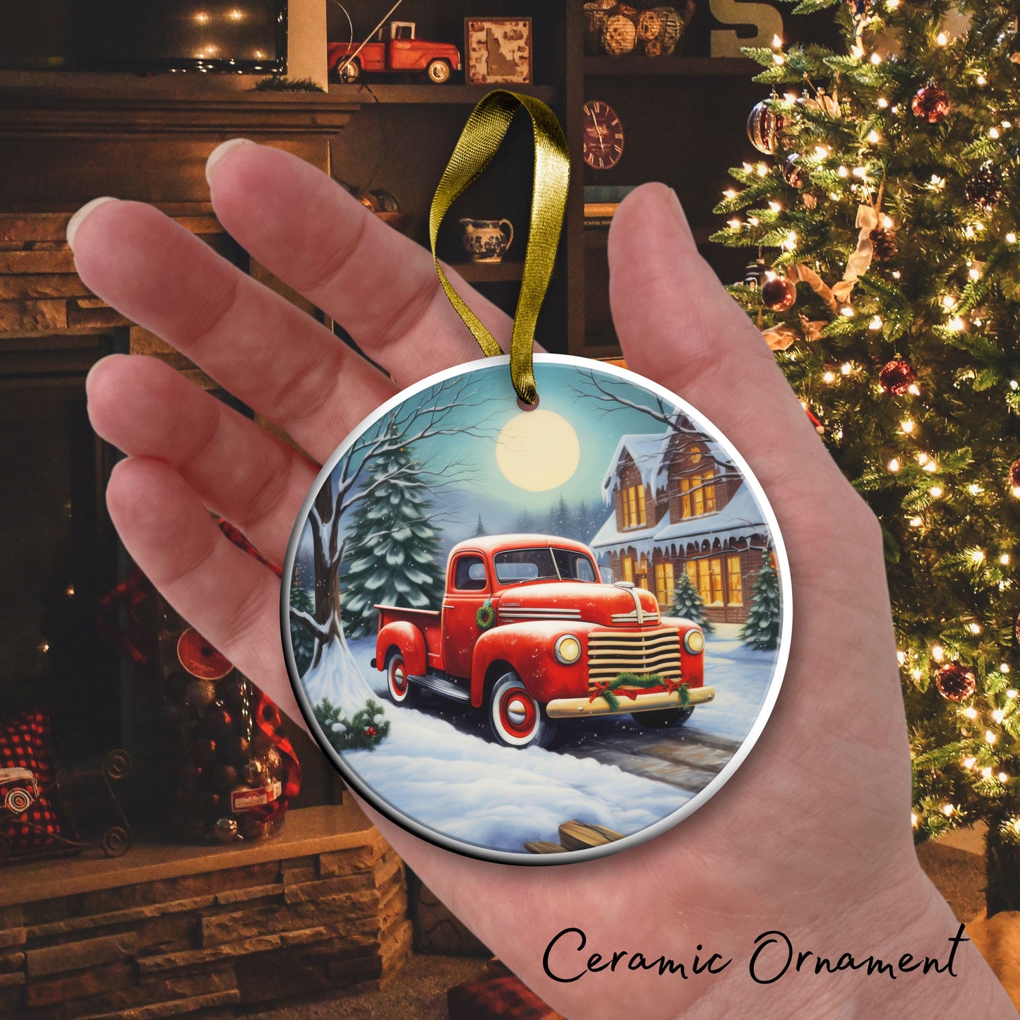 Vintage Farm Red Truck Christmas Ceramic Ornament 01-13
