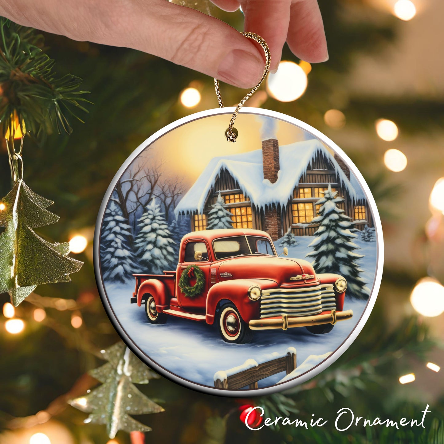 Vintage Farm Red Truck Christmas Ceramic Ornament 01-14