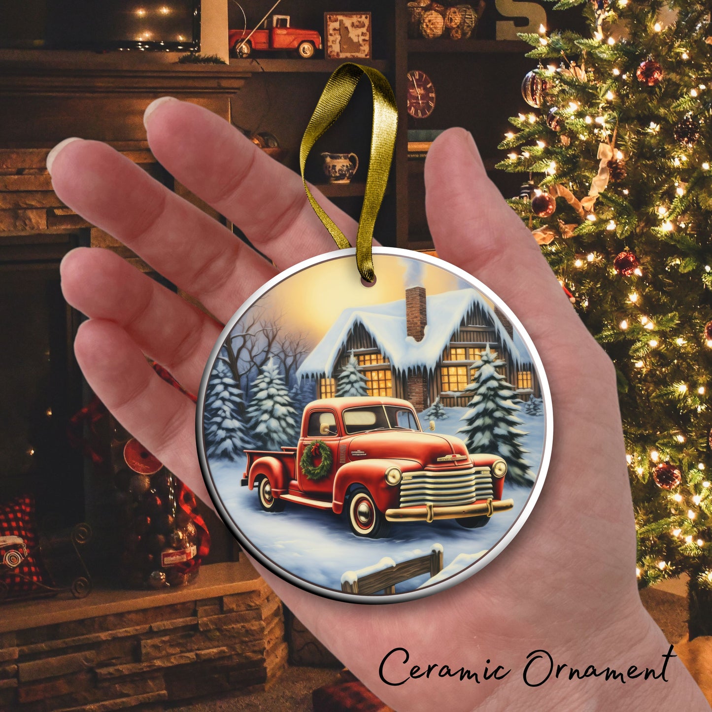 Vintage Farm Red Truck Christmas Ceramic Ornament 01-14