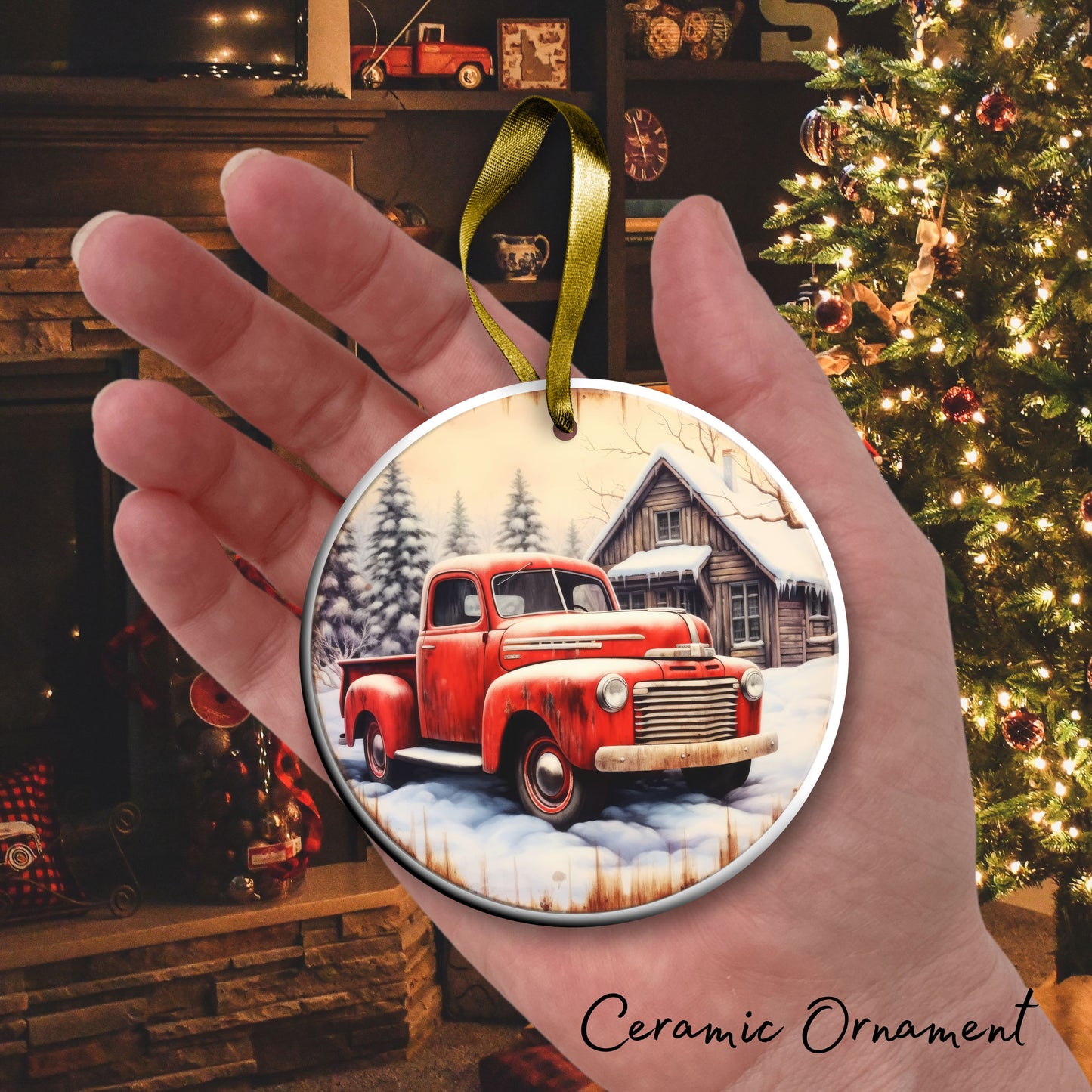 Vintage Farm Red Truck Christmas Ceramic Ornament 01-15