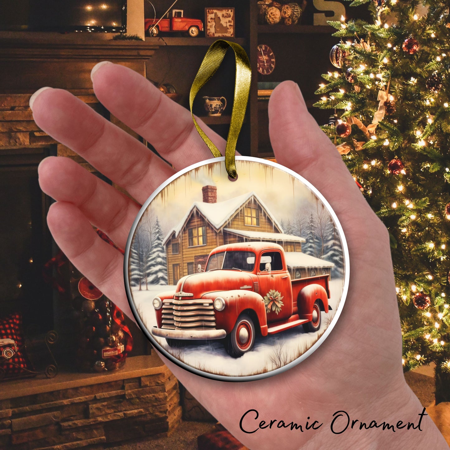 Vintage Farm Red Truck Christmas Ceramic Ornament 01-16