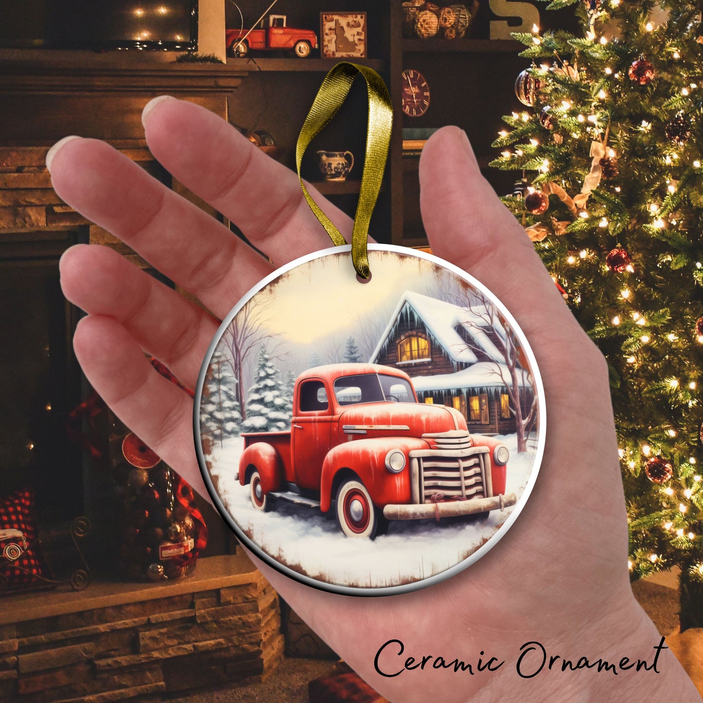Vintage Farm Red Truck Christmas Ceramic Ornament 01-17