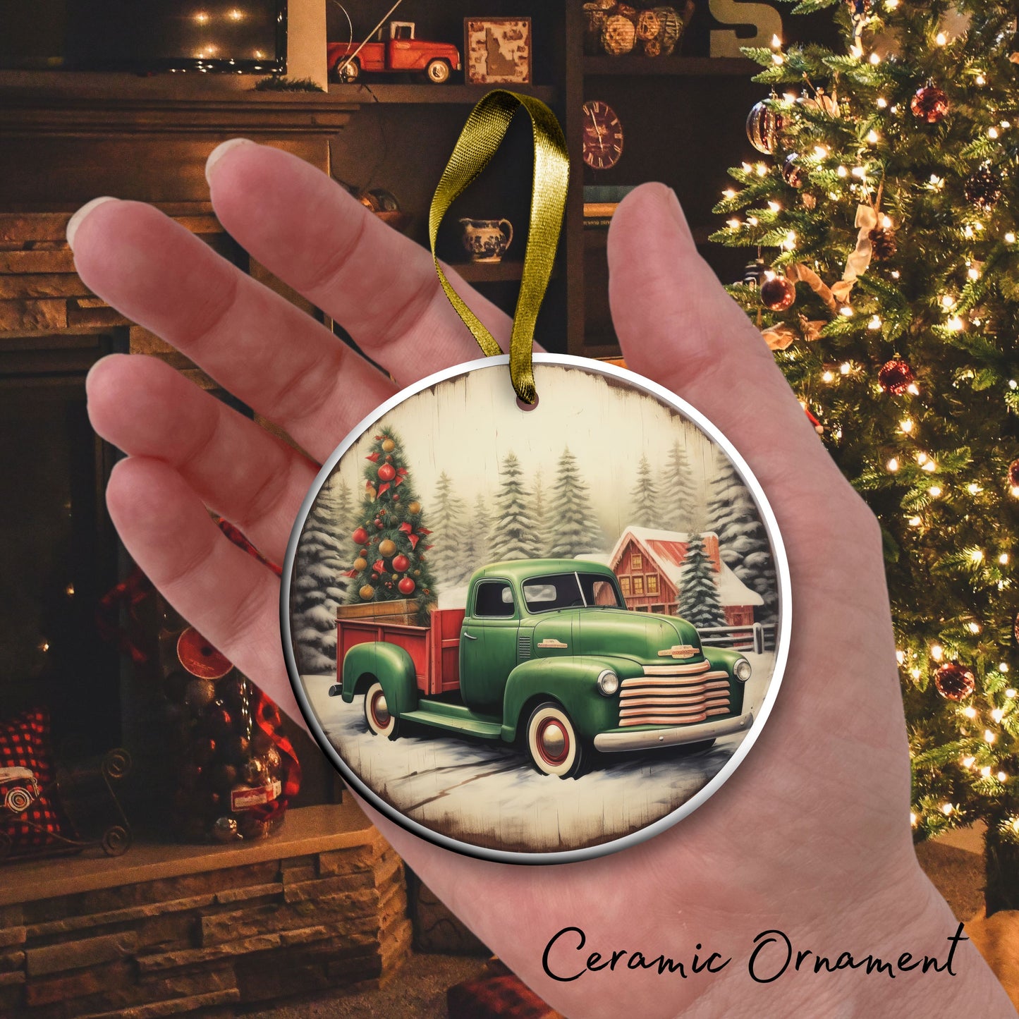 Vintage Farm Red Truck Christmas Ceramic Ornament 01-18