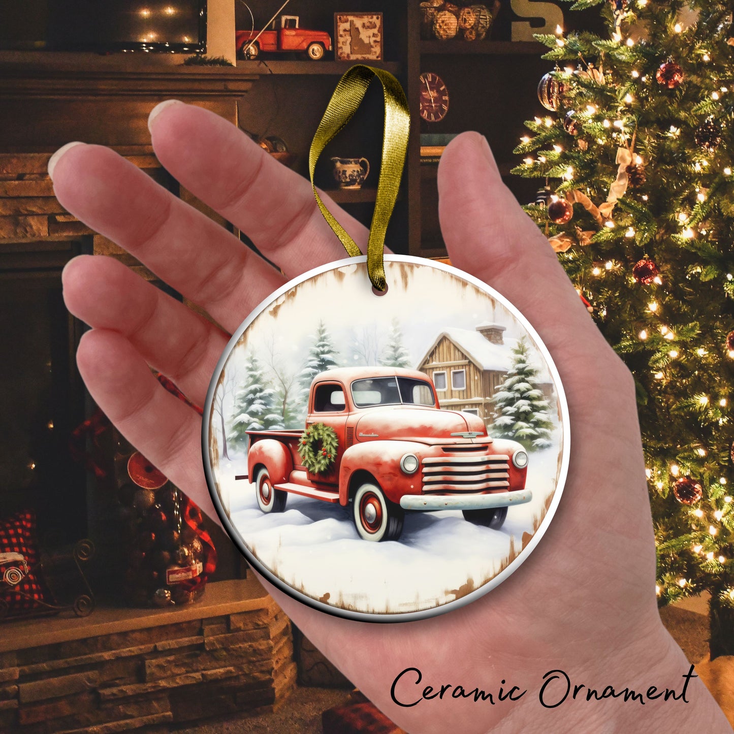 Vintage Farm Red Truck Christmas Ceramic Ornament 01-23