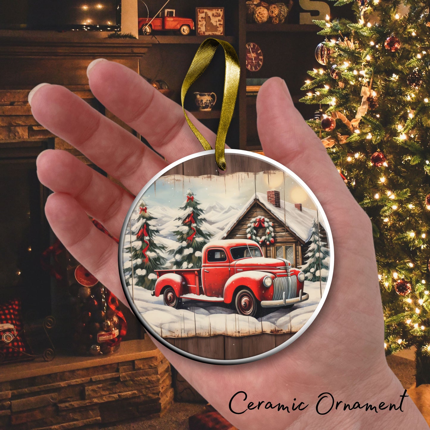 Vintage Farm Red Truck Christmas Ceramic Ornament 01-25