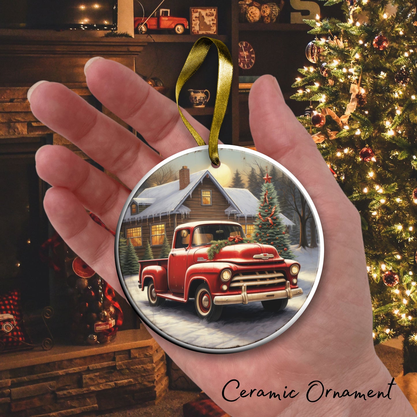 Vintage Farm Red Truck Christmas Ceramic Ornament 01-26