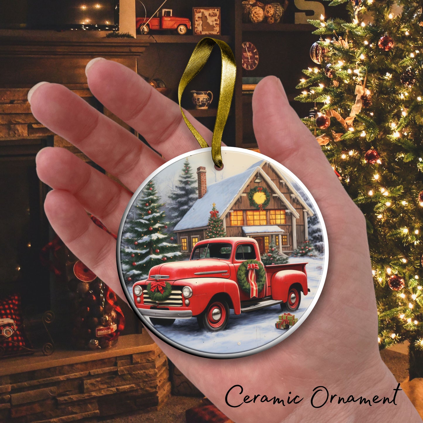 Vintage Farm Red Truck Christmas Ceramic Ornament 01-27