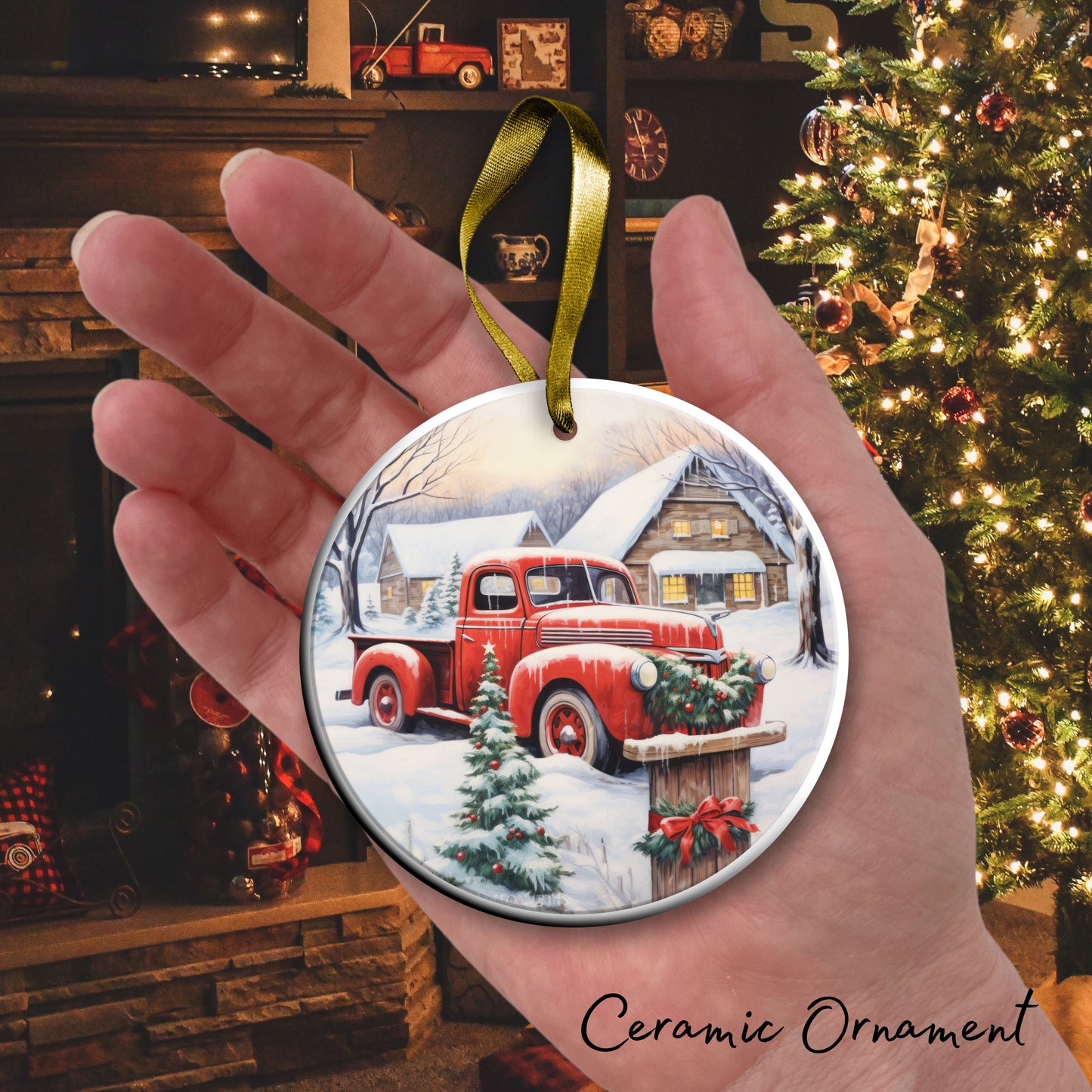 Vintage Farm Red Truck Christmas Ceramic Ornament 01-28