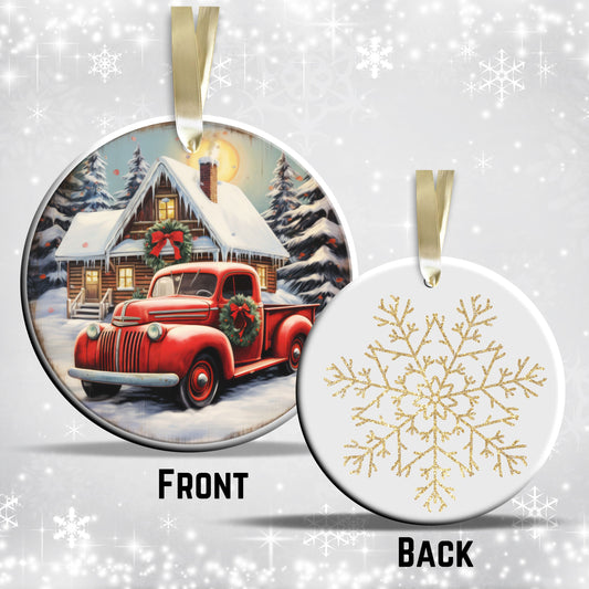Vintage Farm Red Truck Christmas Ceramic Ornament 01-01