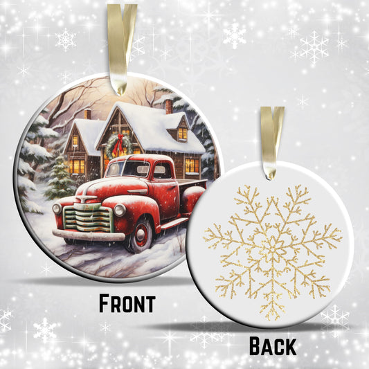 Vintage Farm Red Truck Christmas Ceramic Ornament 01-03